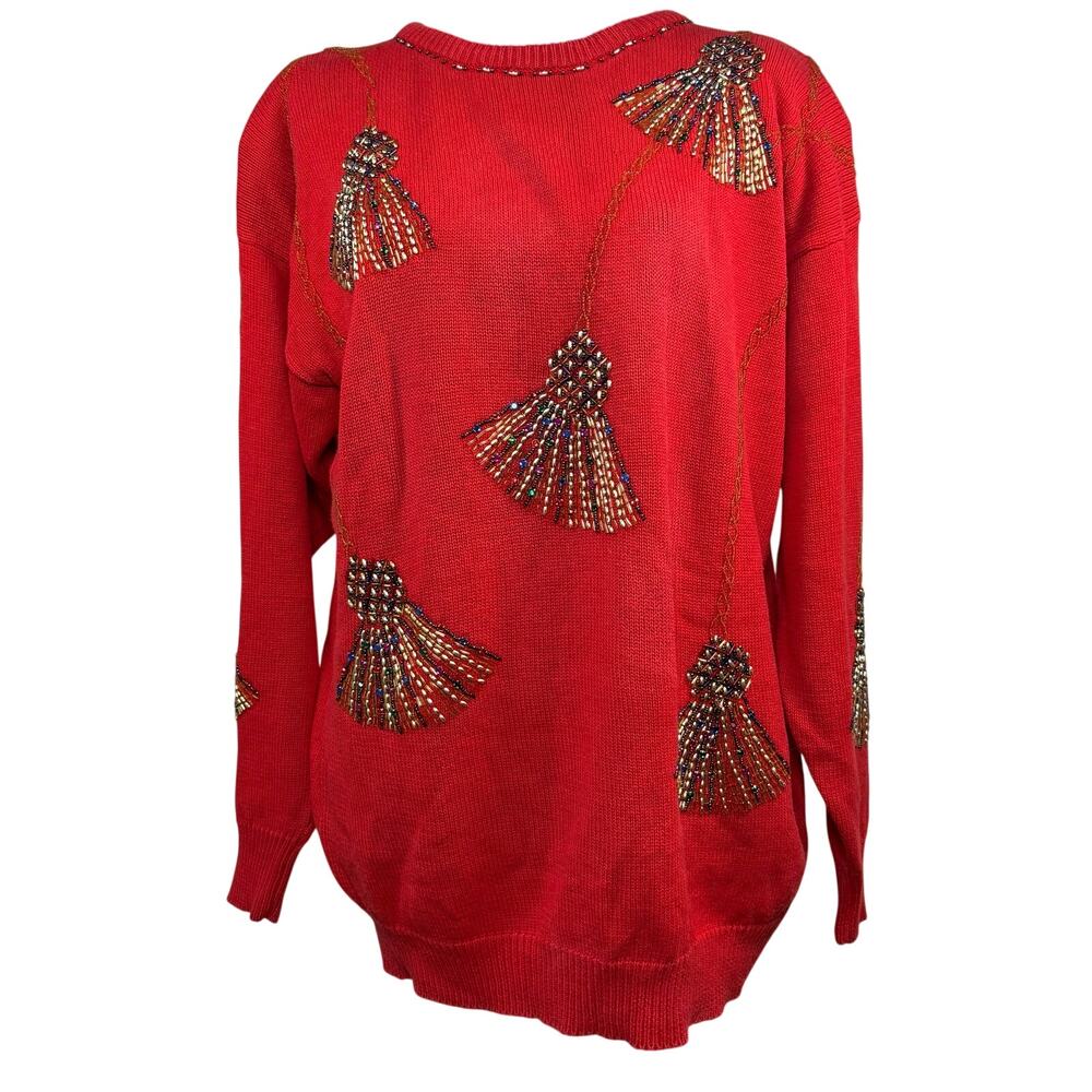 Vintage 80s Womens Medium Victoria Harbour Red Beaded Sweater Shoulder Pads